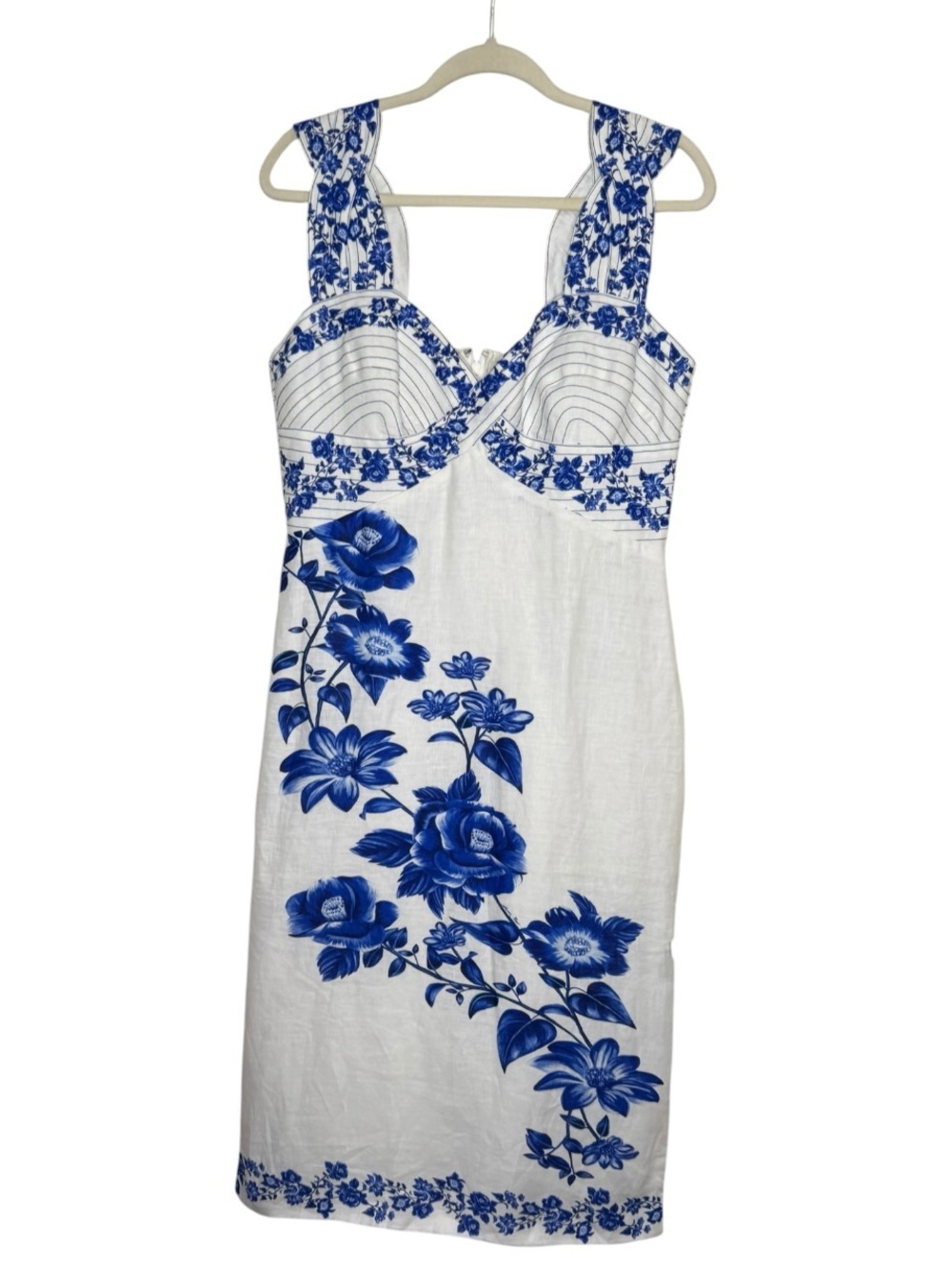 FARM Rio White Linen Midi Dress with Cobalt Blue Floral Print